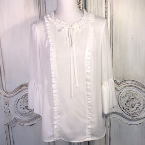 Karl Lagerfeld Popover V Neck Ruffle Mid Sleeve Cream Tie Front Blouse Size S